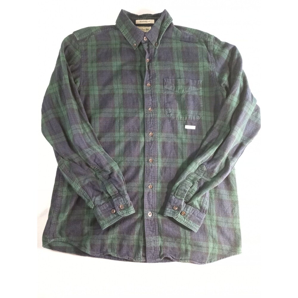 LL Bean Flannel Shirt Mens Medium Tall Green Plaid Button Down Cotton Traditiona